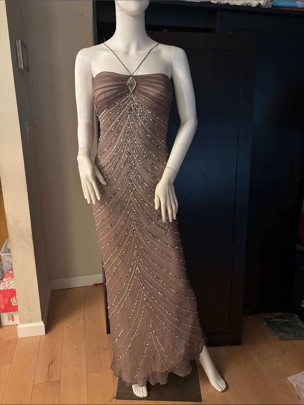 Scala Strapless Beaded Gown in Mauve-Taupe